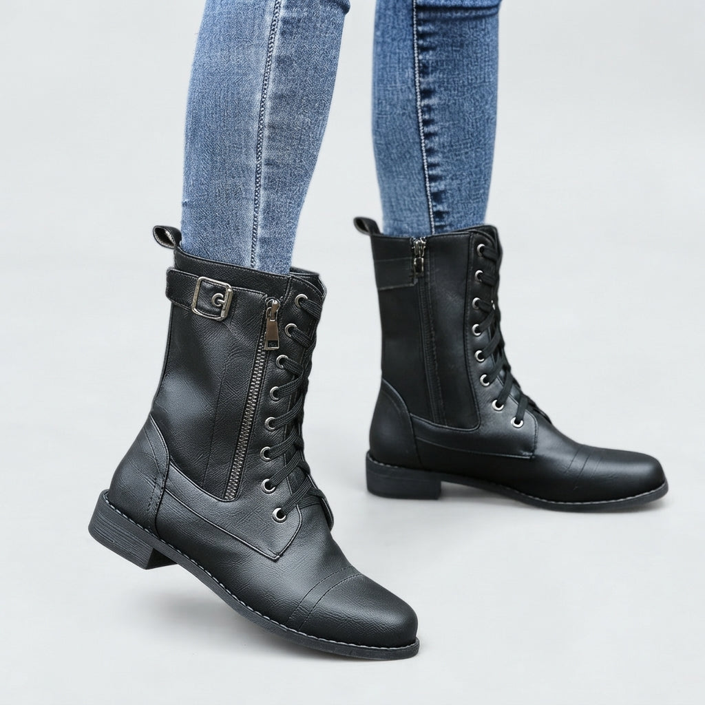Militære støvler med snørebånd og lynlås på siden til kvinder