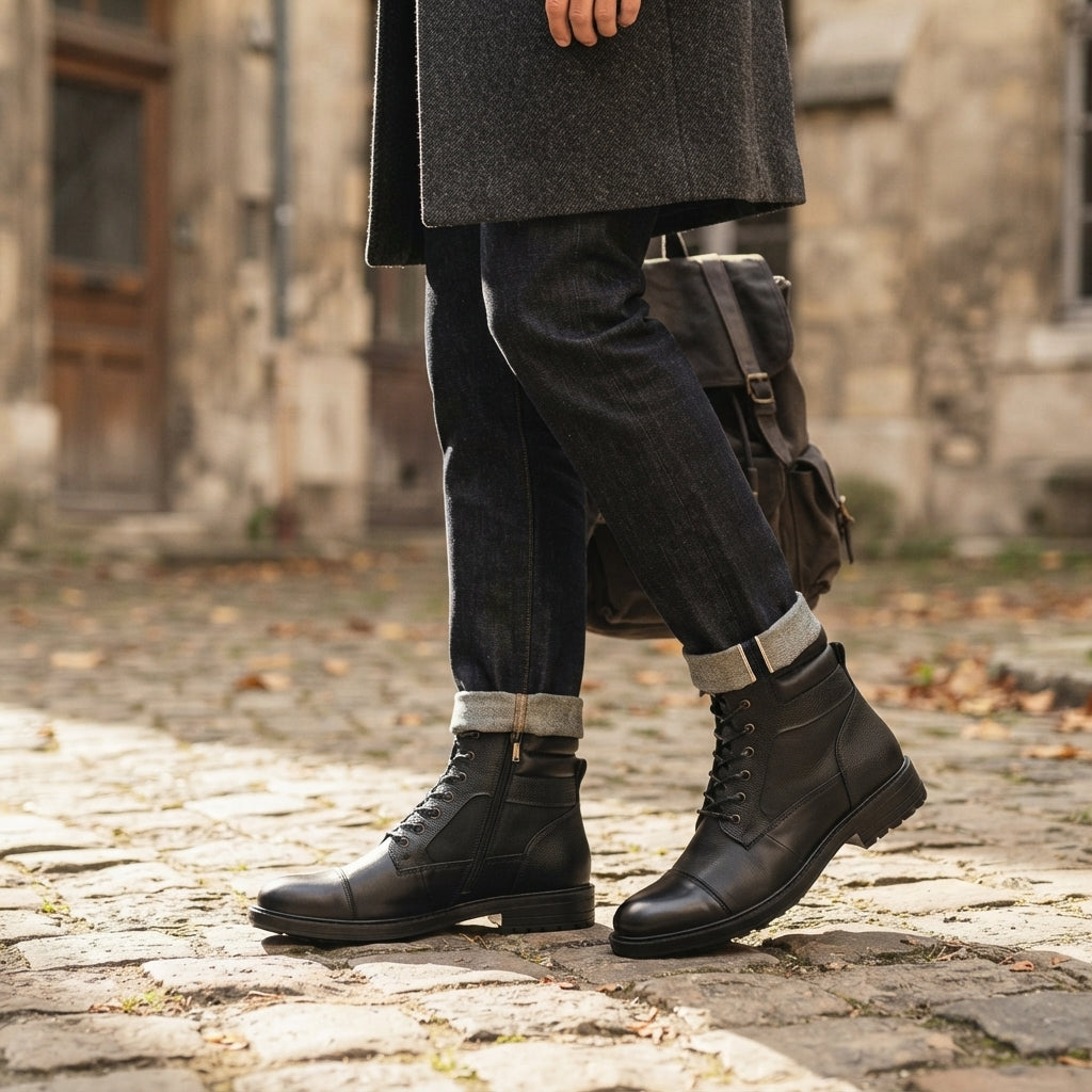 Casual læderkampstøvler til mænd, outdoor stil